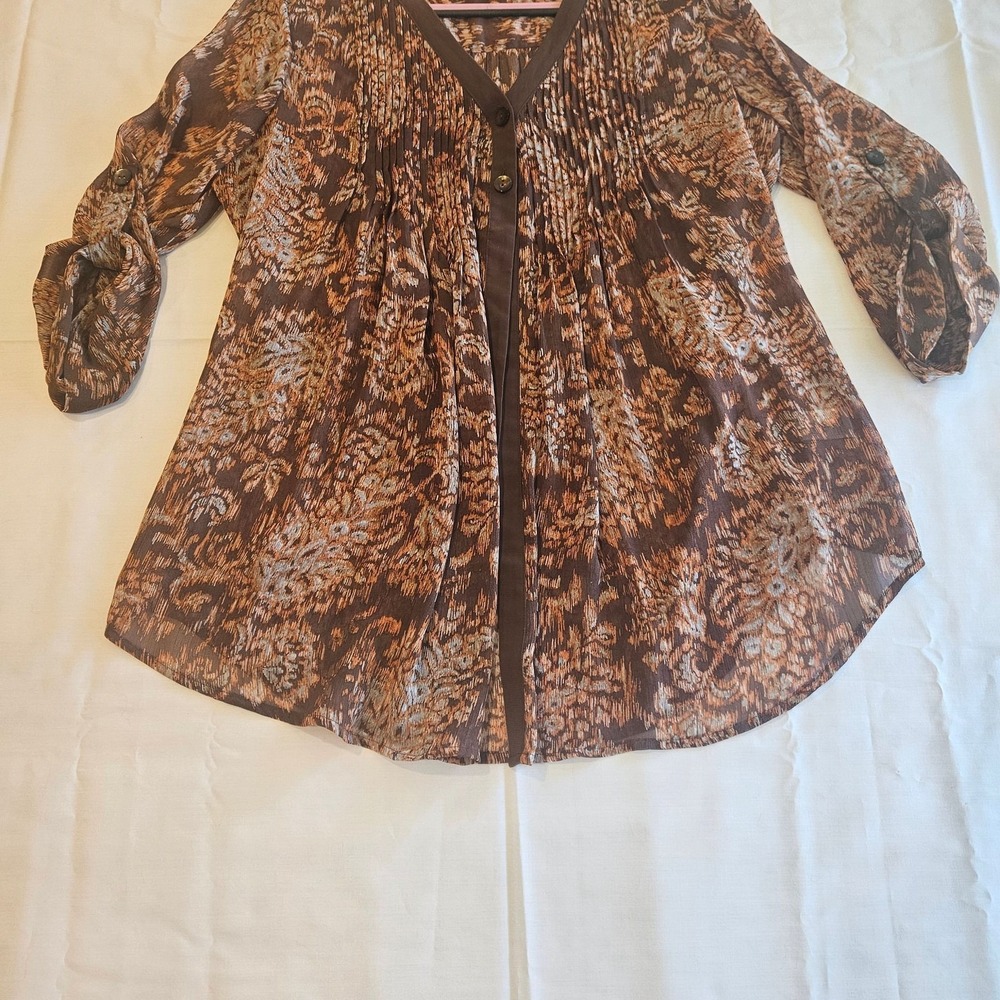 Coldwater Creek Brown & Orange Semi-Sheer Boho Floral‎ Crinkle Blouse